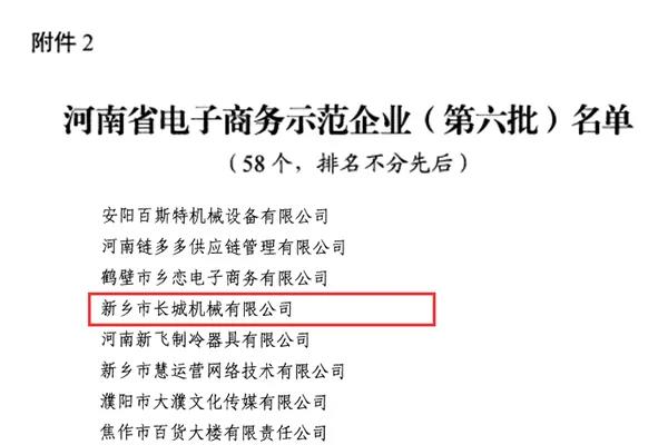 新鄉(xiāng)長城機(jī)械榮獲河南省電子商務(wù)示范企業(yè)